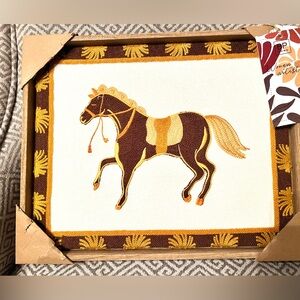 NEW BP Home Textile Embroidery Horse Woven Wall Art 12”x 15" Folk Art.Wood Frame